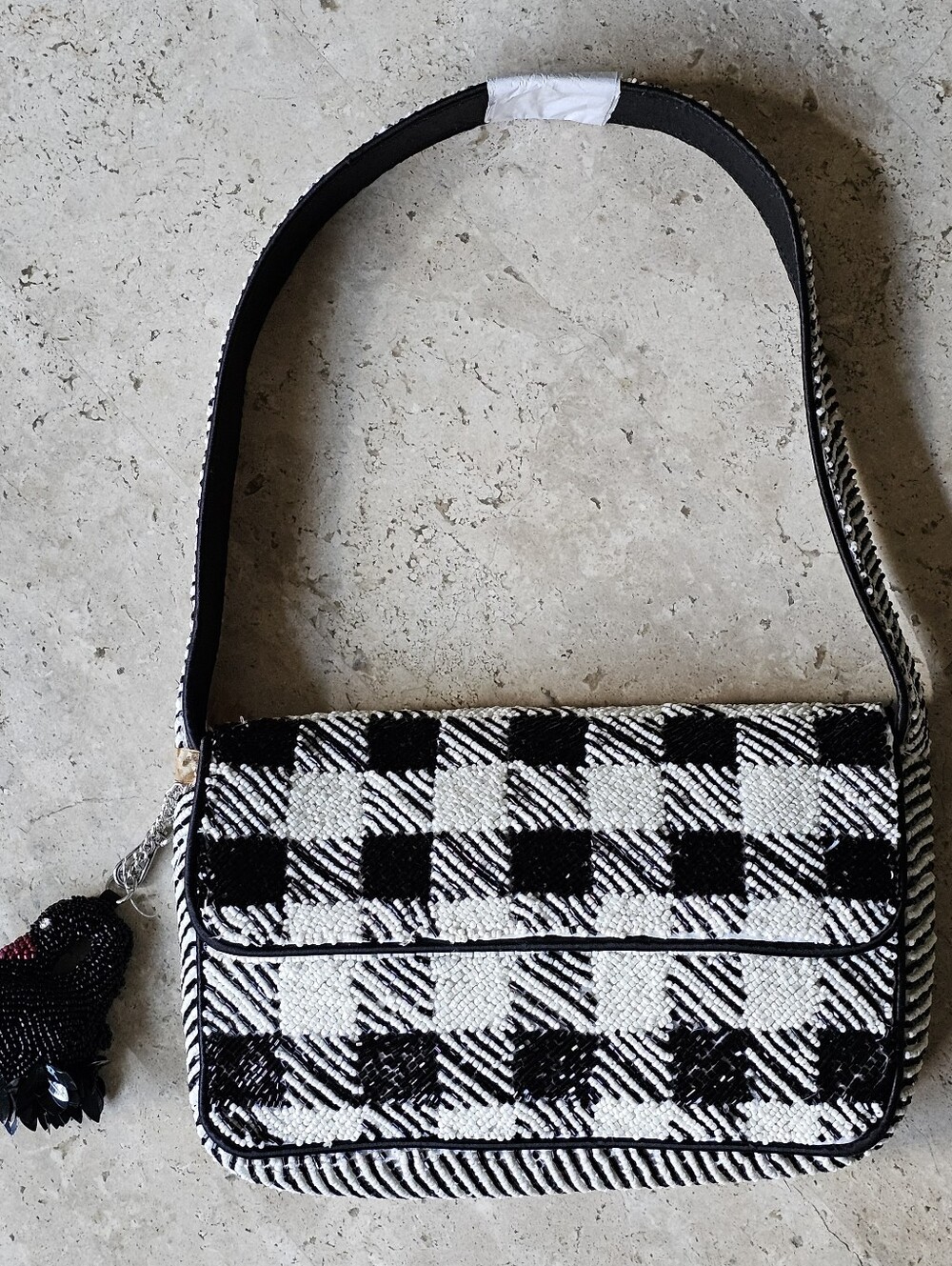 Black & White Beaded Gingham Plaid Shoulder Bag | NWT